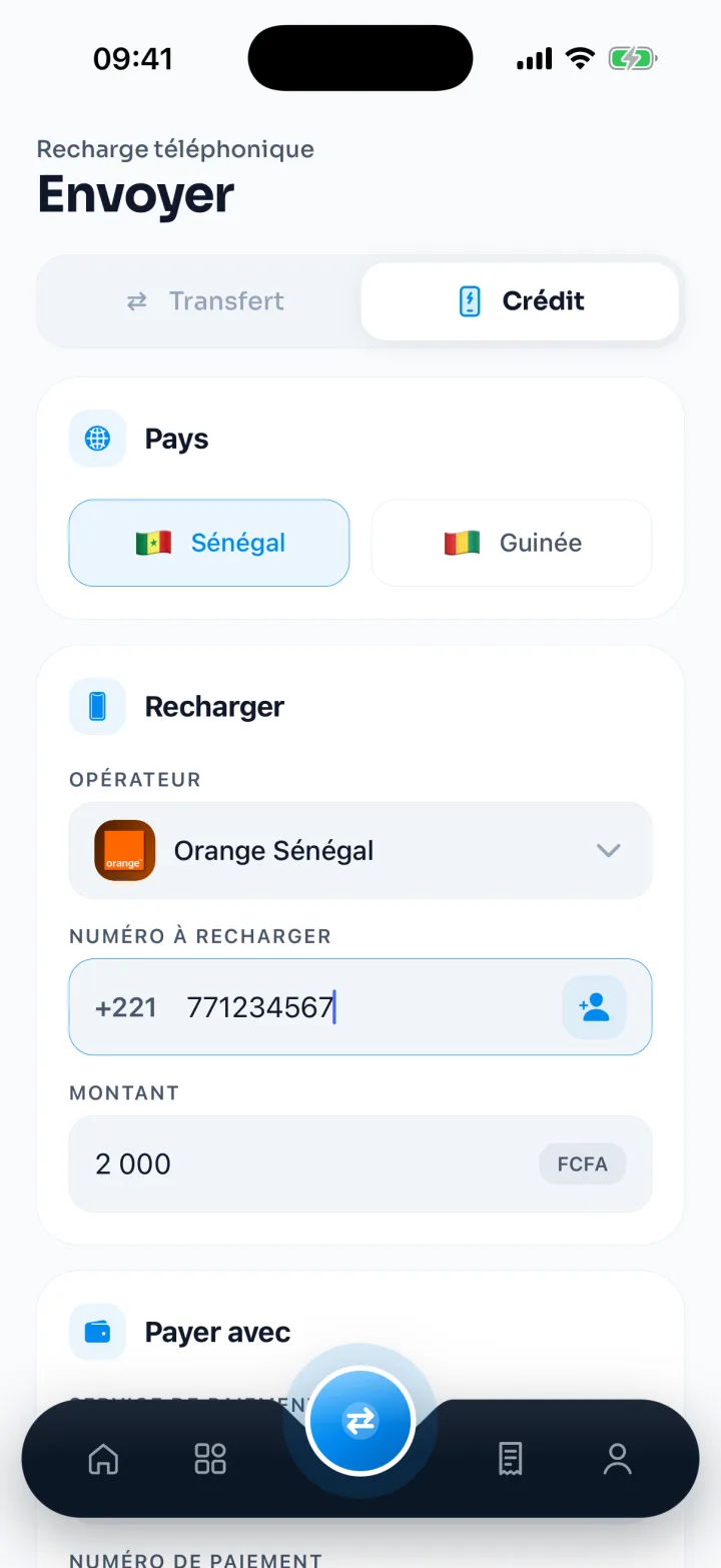 Écran de recharge de crédit